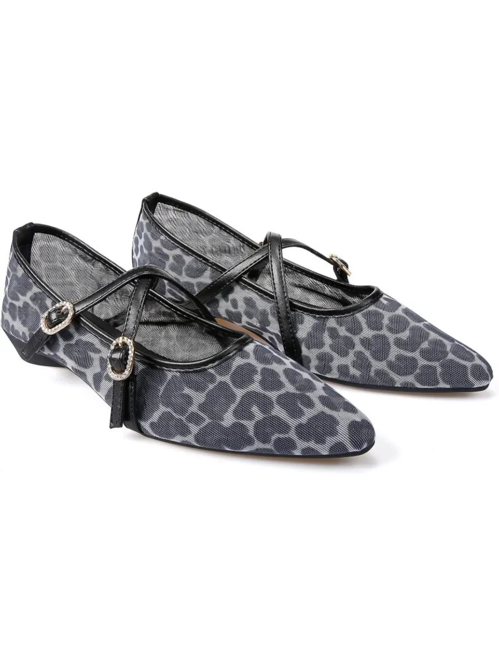 Women's Black Leopard Mesh Flats Cross Ankle Strap Flat Slip On Comfortable